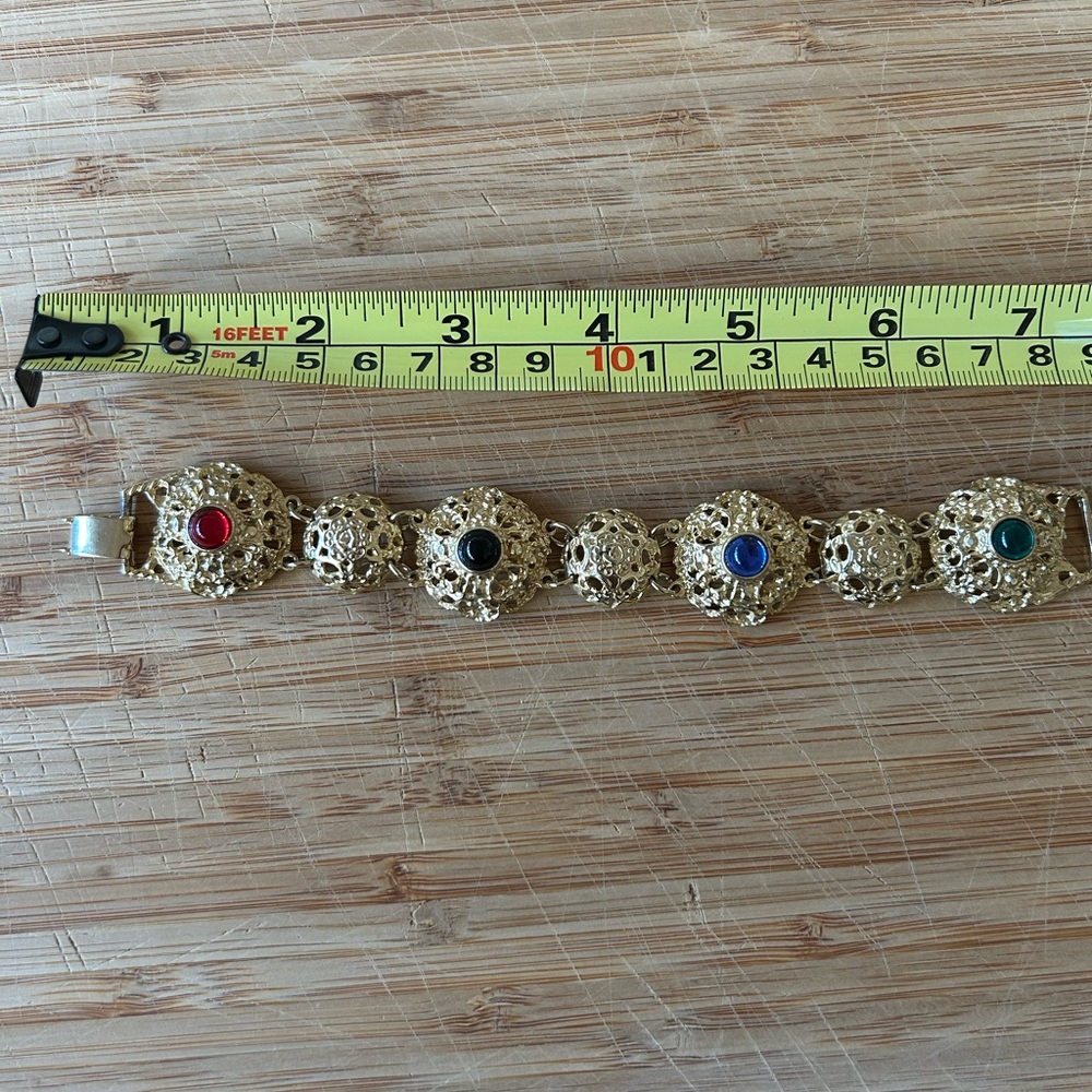Gold Filigree Bracelet with Red and Blue Accents